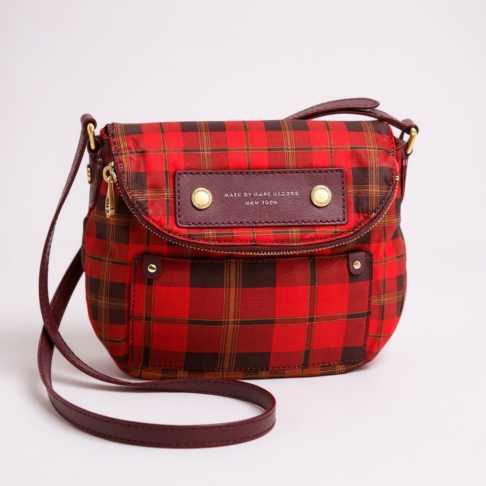 Marc Jacobs Red and Brown Plaid Crossbody Bag
